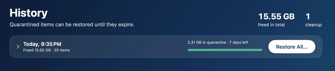 OpenClean's History screen: a cleanup from today with 2.31 GB in quarantine, 7 days left, and a Restore All button.