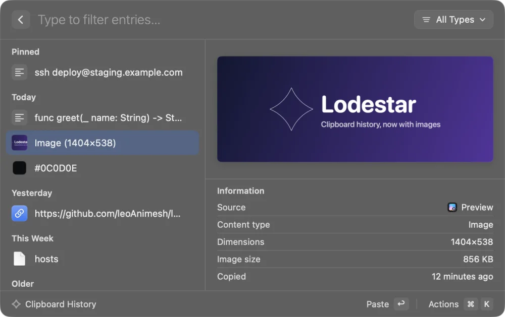 Clipboard history with pinned and recent entries and an image preview with details