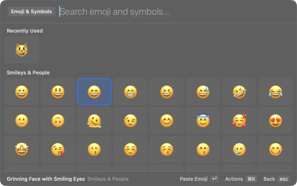 The emoji and symbols grid with recently used and Smileys & People sections
