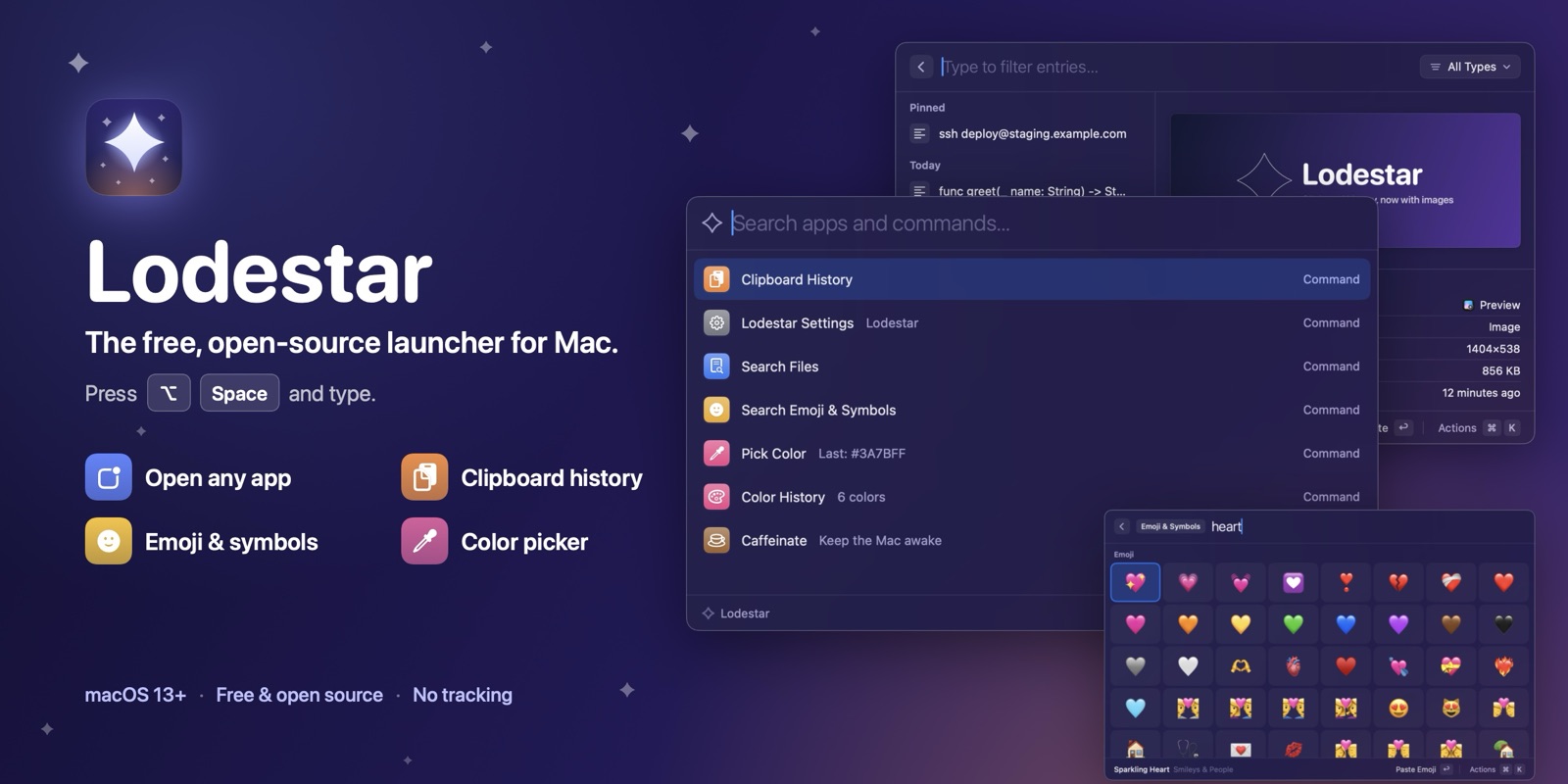 The Lodestar launcher open over its clipboard history and emoji picker, with commands for Clipboard History, Search Files, Emoji & Symbols, Pick Color and Caffeinate