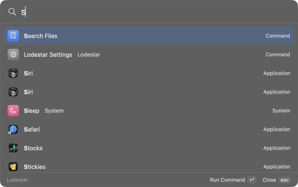 The launcher search window listing Search Files, Lodestar Settings, Siri, Sleep, Safari and Stocks for the letter s